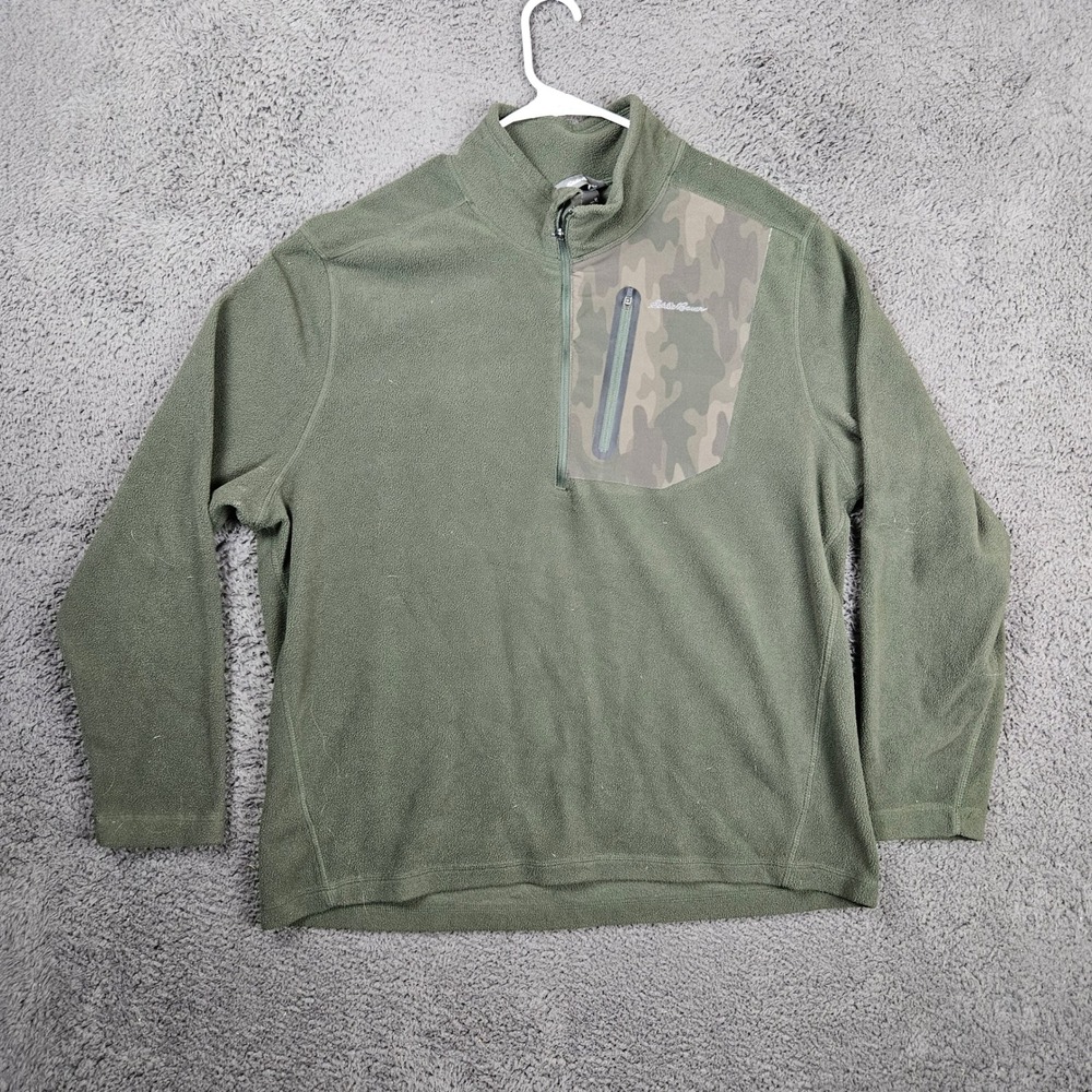 Eddie Bauer Mens XL Fleece 1/4 Zip‎ Pullover Olive Green Camo Pocket